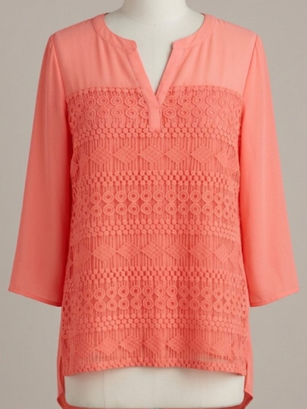 Valerie Stevens Size 1X Coral Lace-Front Split V-Neck Blouse